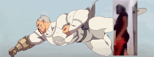 a cartoon of a man in a white suit flying