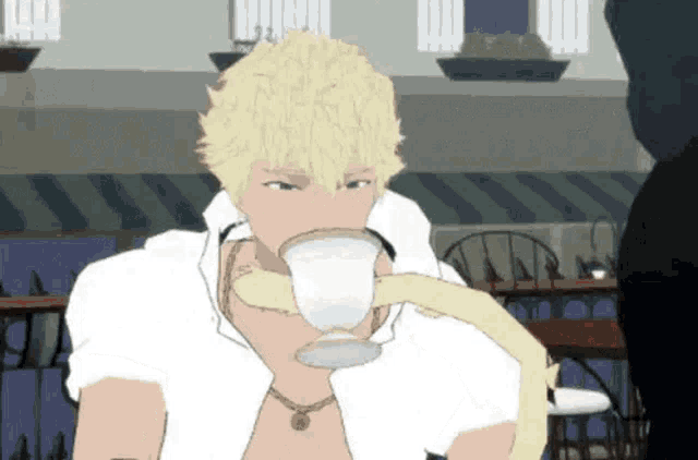 a man is drinking a cup of coffee from a cup with a snake sticking out of it .