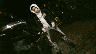 a man wearing a black jacket and a white hoodie is standing in front of a door .