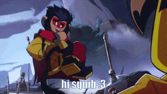 a cartoon character says hi squib 3 on the bottom right