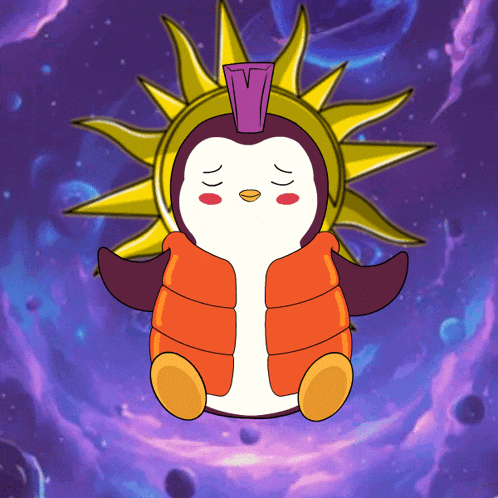 a penguin wearing a sun hat and a vest