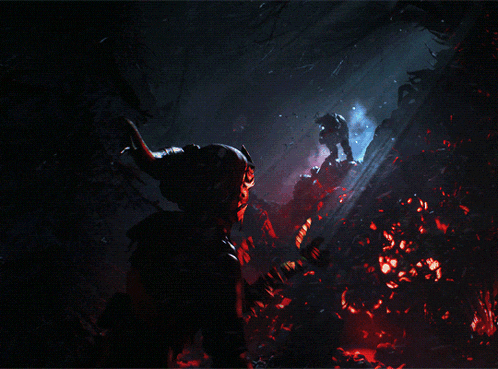 a dark scene with a green light coming out of it