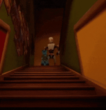 a robot is walking down a set of stairs in a hallway .