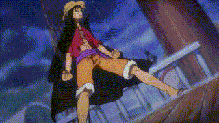 luffy from one piece is standing on a boat in the rain with his fist in the air .