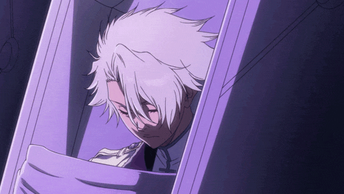 a white haired anime character is laying in a purple blanket