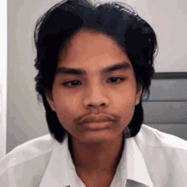 a young man with long hair and a mustache is looking at the camera .