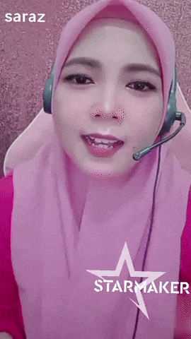 a woman wearing a pink hijab and a headset with the name saraz on the bottom