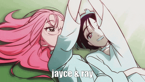 two anime girls laying next to each other with the words jayce & ray written above them