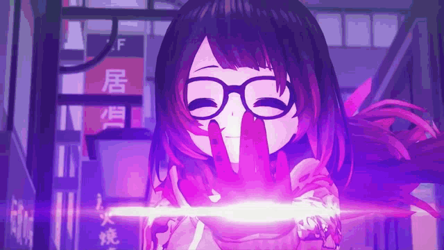 a girl with glasses and purple hair is holding a purple light in her hand .