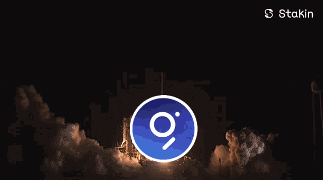 a picture of a rocket being launched with a logo for staking in the background