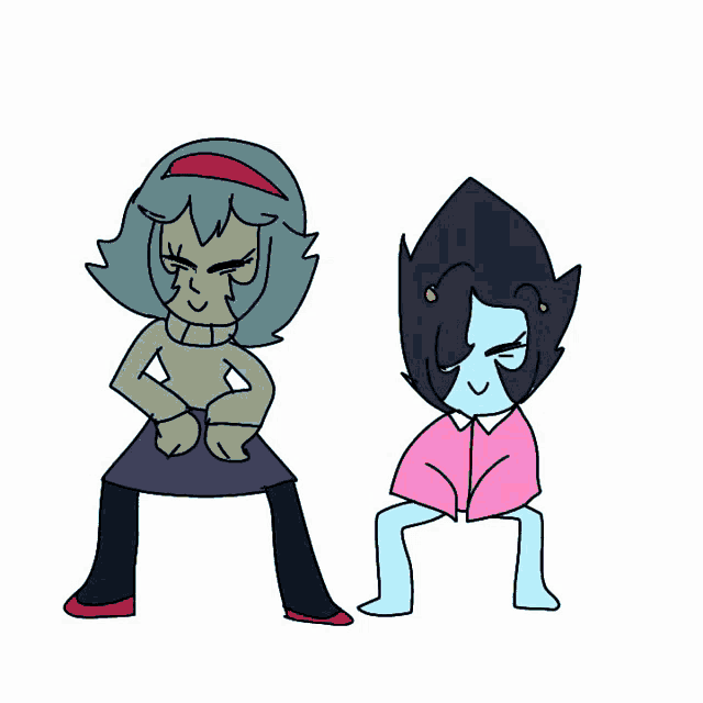 two cartoon characters are standing next to each other on their knees .