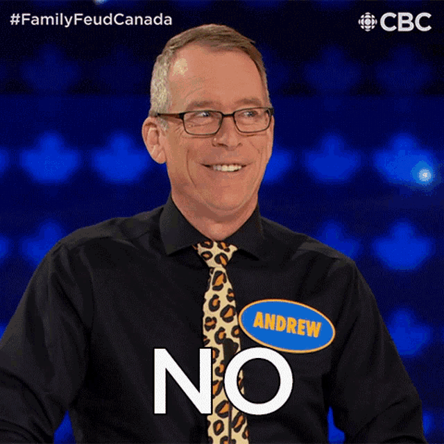 a man with a name tag that says andrew says no