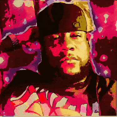 a colorful painting of a man with a beard wearing a baseball cap with the letter d on the front