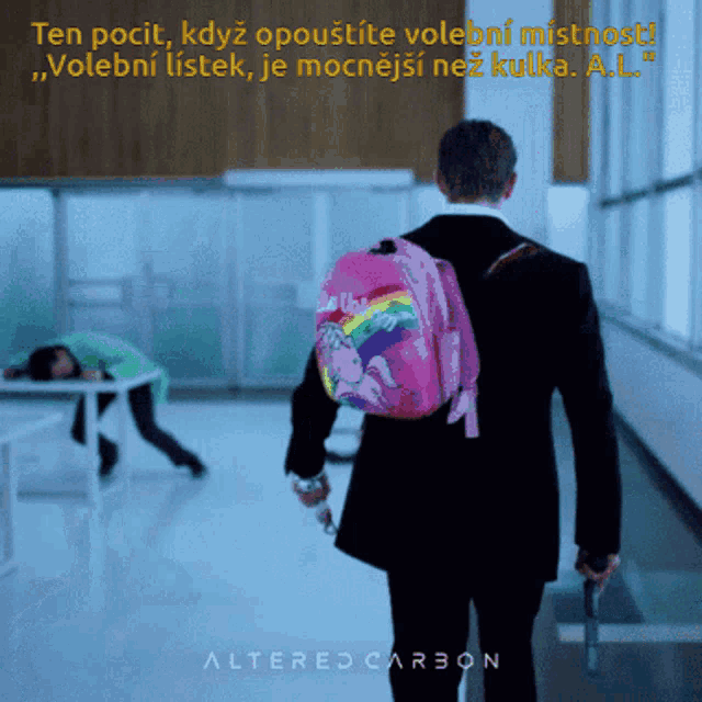 altered carbon shows a man with a pink backpack walking down a hallway