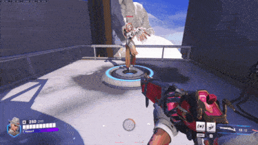 a screenshot of a video game shows a female character named mercy