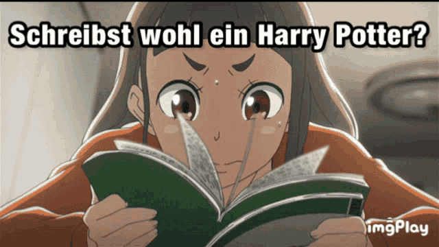 a picture of a girl reading a book with the words schreibst wohl ein harry potter