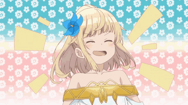 a girl with a blue flower in her hair is smiling