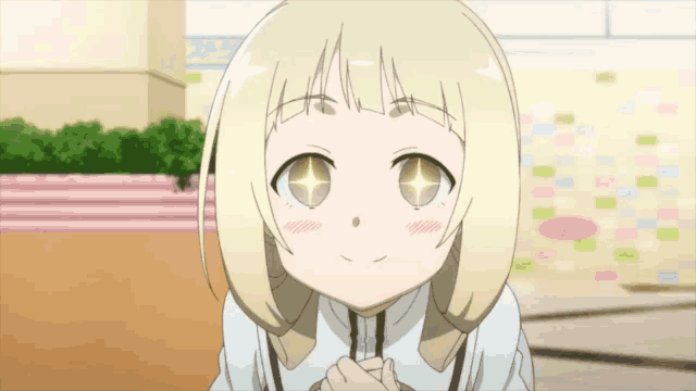 a blonde anime girl with a star in her eyes is smiling