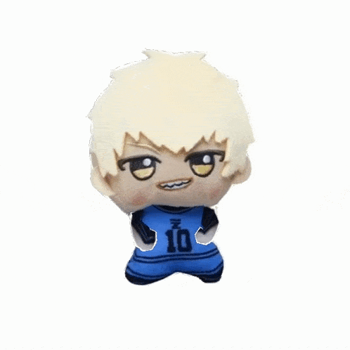 a stuffed toy of a boy in a blue jersey with the number 10 on it