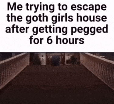 a meme about trying to escape a goth girls house after getting pegged for 6 hours