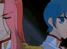 two anime characters are standing next to each other and one has pink hair and the other has blue hair