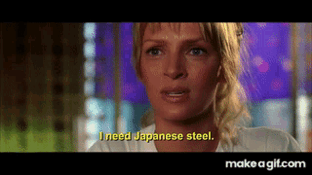 a close up of a woman 's face with the words " i need japanese steel " above her