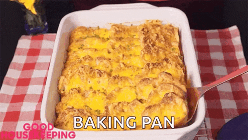 a casserole dish with a spoon in it and the words baking pan above it