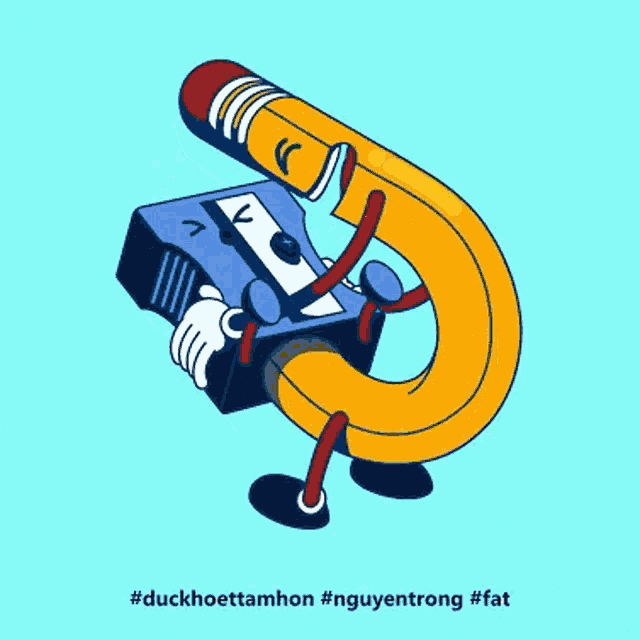 a cartoon drawing of a pencil holding a sharpener with arms and legs
