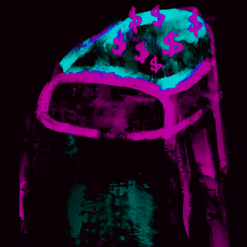 a painting of a purple and blue object with dollar signs