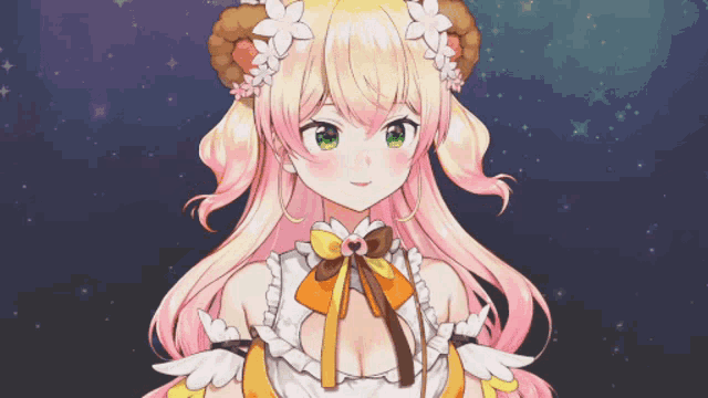 a close up of a girl with pink hair and flowers on her head