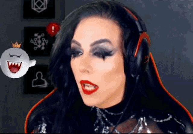 a woman wearing headphones and red lipstick looks at a ghost