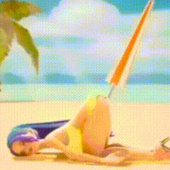 a cartoon of a woman laying on the beach with a green sticker that says bra on it