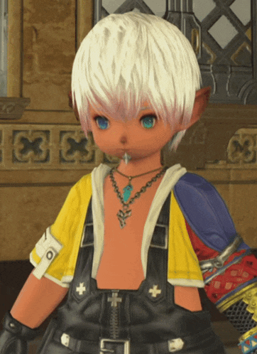 a cartoon character with white hair and blue eyes is wearing a necklace