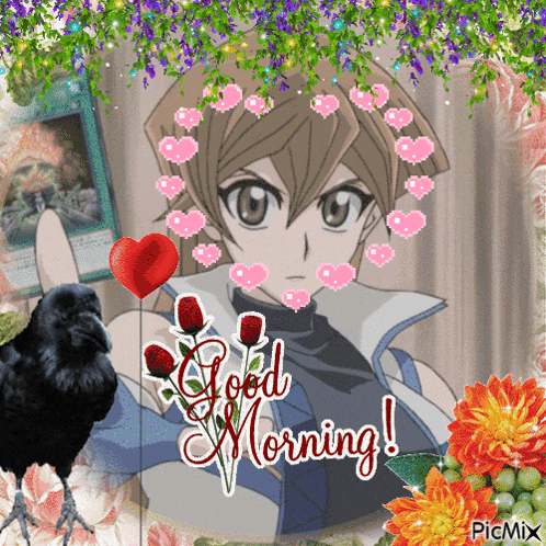 a picture of a boy with hearts on his face and the words good morning