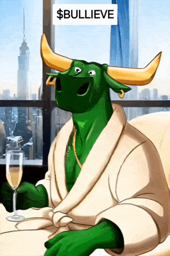 a green bull in a bathrobe is holding a glass of wine