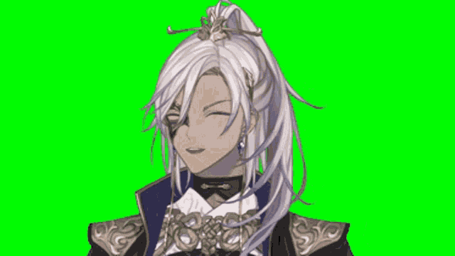 a man with long white hair and a ponytail has a black patch on his eye
