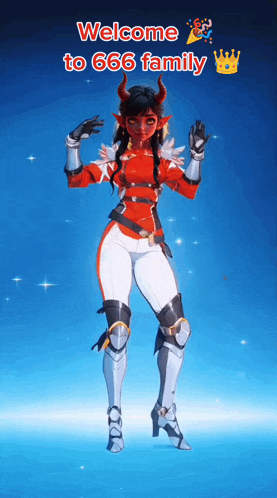 a woman with horns is standing in front of a blue background that says " welcome to 666 family "