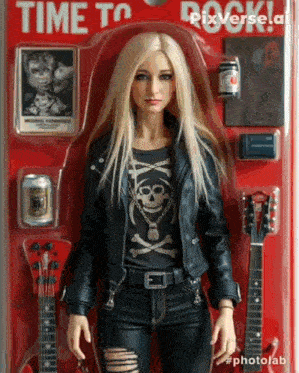a doll with a skull and crossbones shirt is in a package that says time to rock pixverse.ai