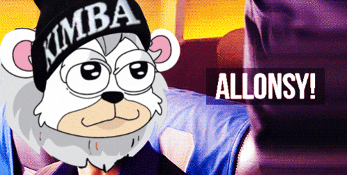 a cartoon bear wearing a beanie that says kimba on it