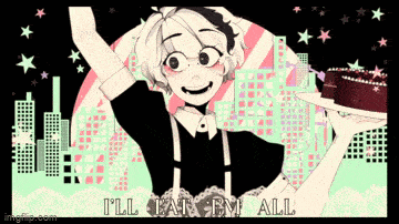 a cartoon of a girl holding a cake with the words " i 'll eat em all " at the bottom