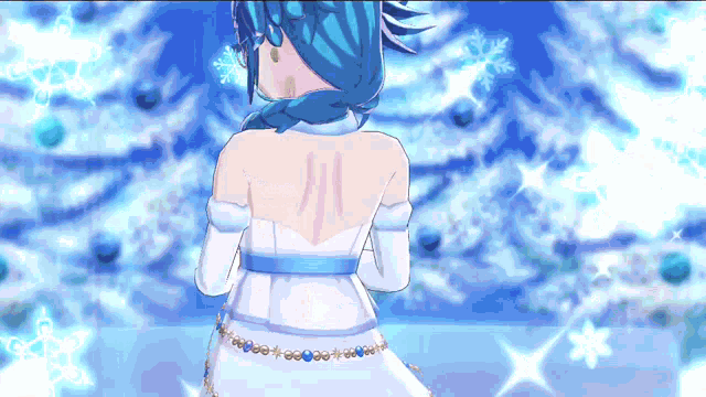 a girl with blue hair is standing in front of a snowy christmas tree