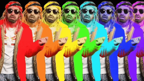 a row of men in colorful clothes are standing in a row