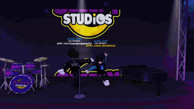 a sleepy studios logo with a drum set and a piano in the background