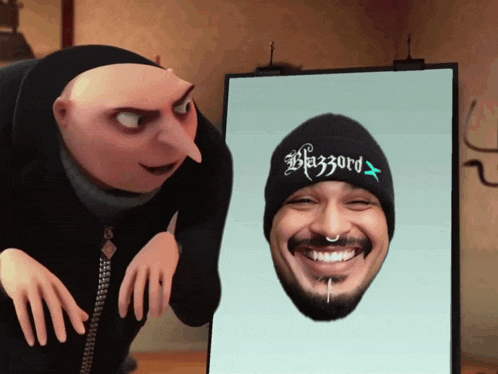 a cartoon character looking at a picture of a man wearing a hat that says blazzard