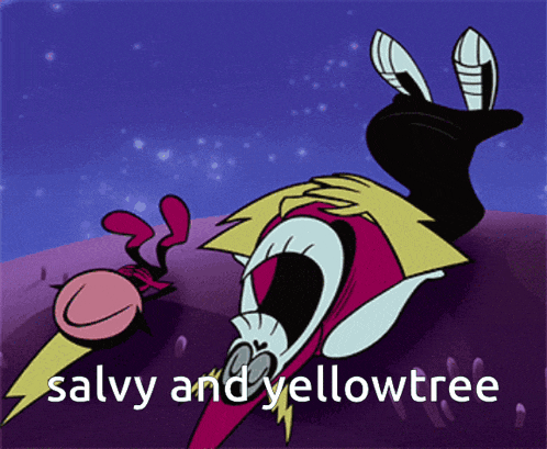 a cartoon character is laying on the ground with the words salvy and yellowtree above him