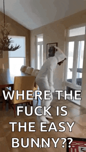 a person in a bunny costume is standing in a living room with the words where the fuck is the easy bunny