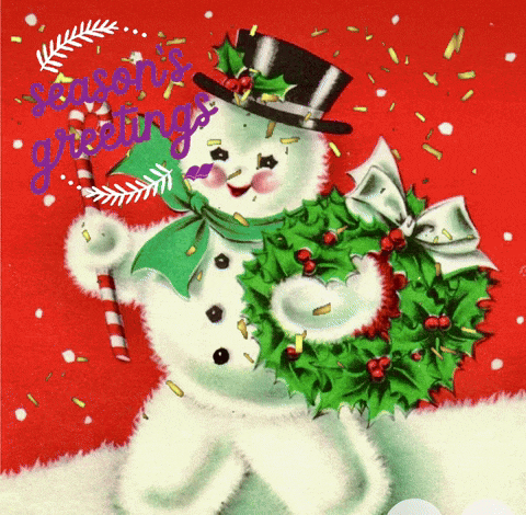 a snowman holding a wreath and a candy cane with the words season 's greetings on the bottom
