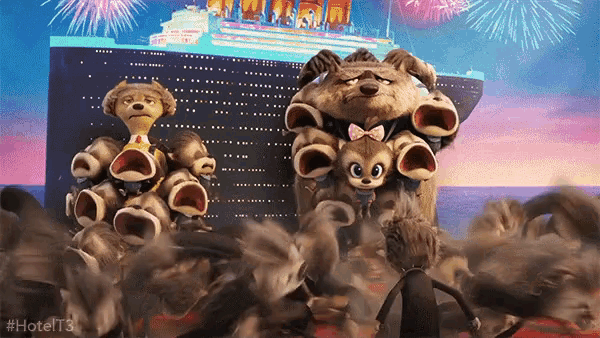 a group of teddy bears are standing in front of a cruise ship with fireworks in the background and the hashtag hotelit3