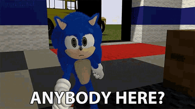a cartoon of sonic the hedgehog with the words anybody here