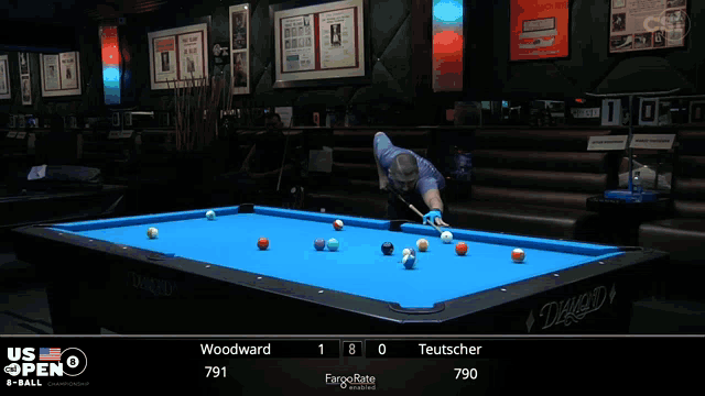 a pool table with a scoreboard that says us open